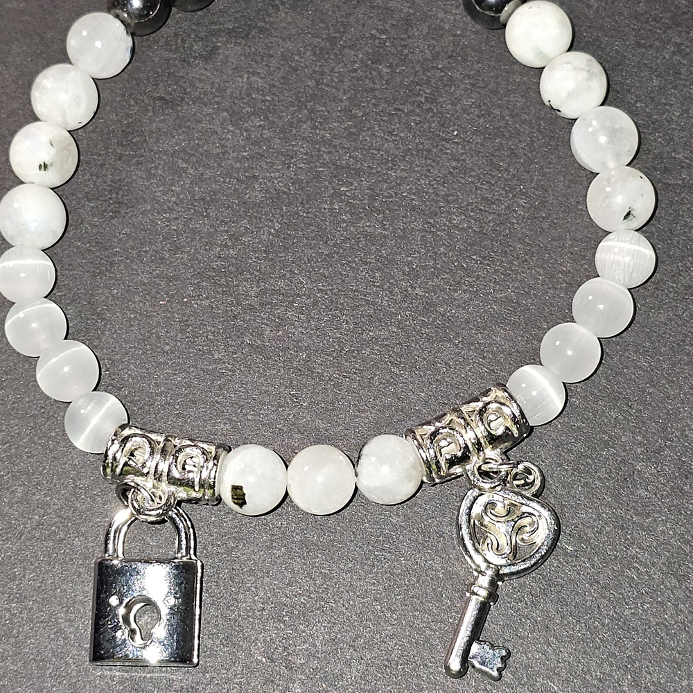 Selenite Moonstone Chakra Bracelet with Lock and Key Charm